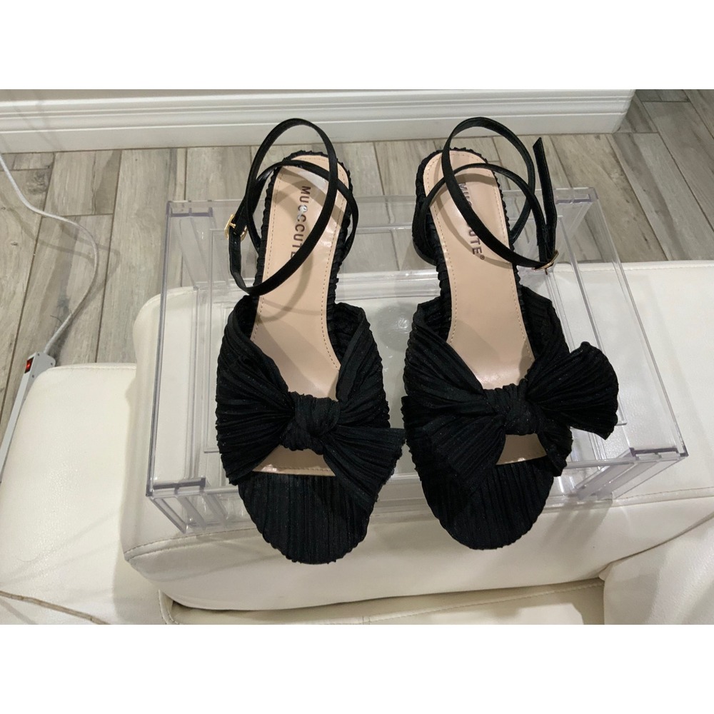 Musccute Black Pleated Bow Ankle Strap Block Heel Sandals Womens Size 7